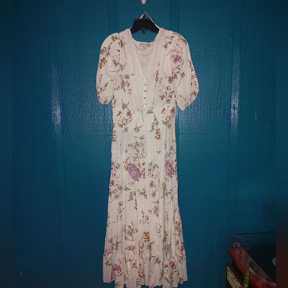 J-Gee Floral White and Pink Dress Large